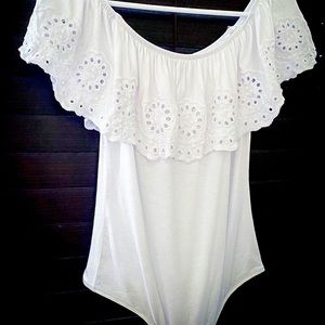 Off shoulder, ruffled, embroidered bodysuit top